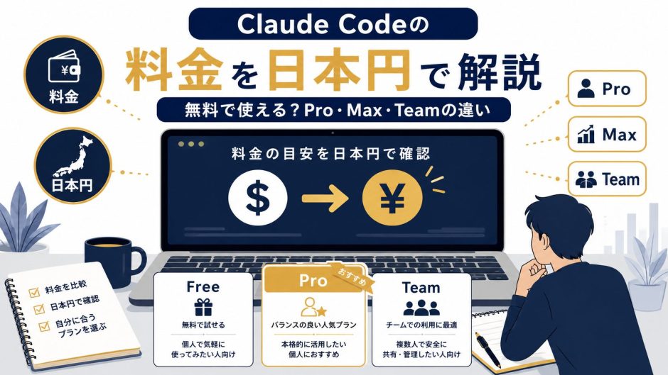 Claude Codeの料金を日本円で解説｜無料で使える？Pro・Max・Teamの違いのアイキャッチ画像